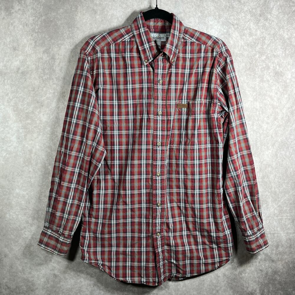 Carhartt Shirt Mens Small Red Plaid Long Sleeve Button Down Relaxed Fit Casual